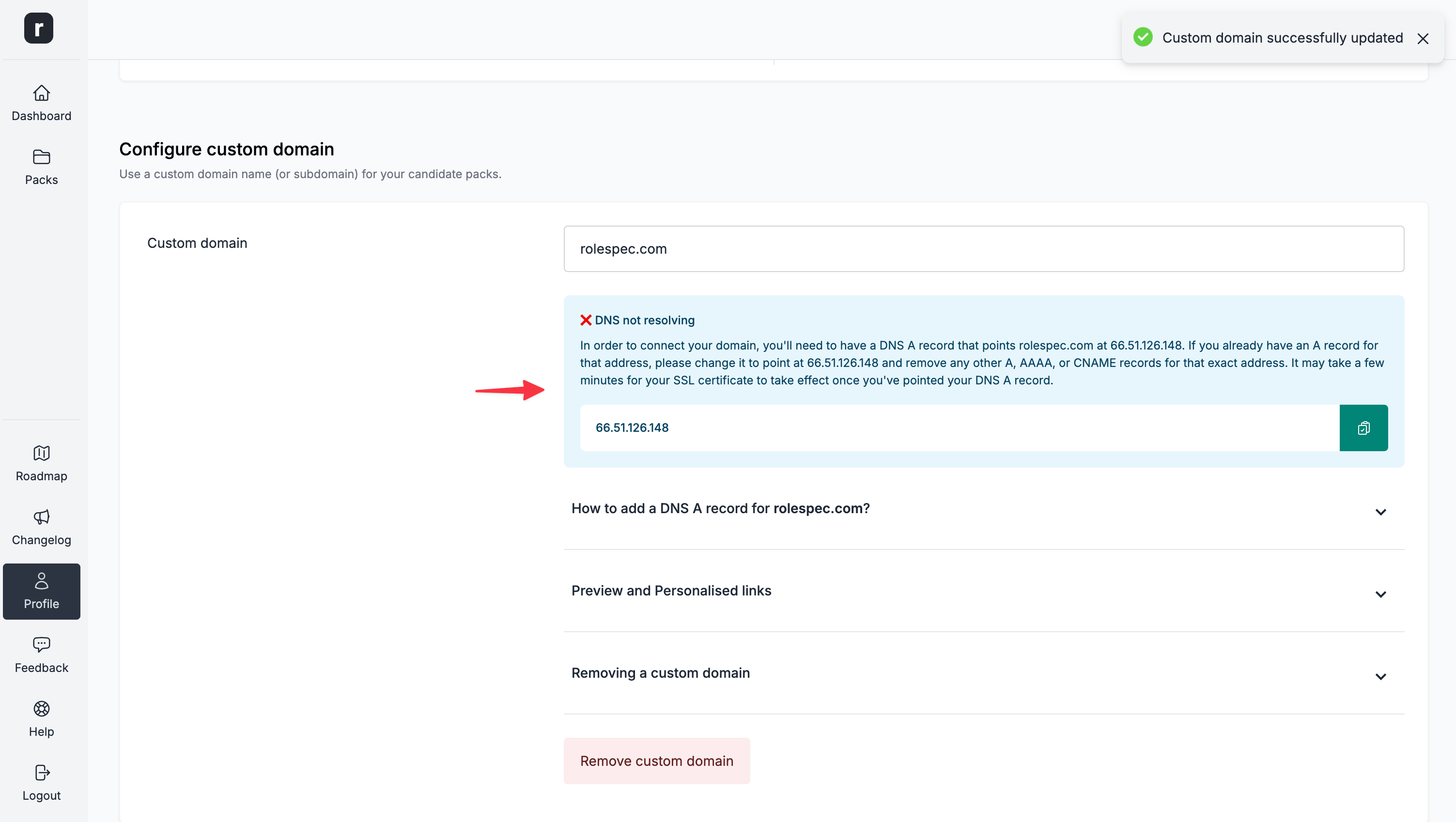 DNS A record configuration