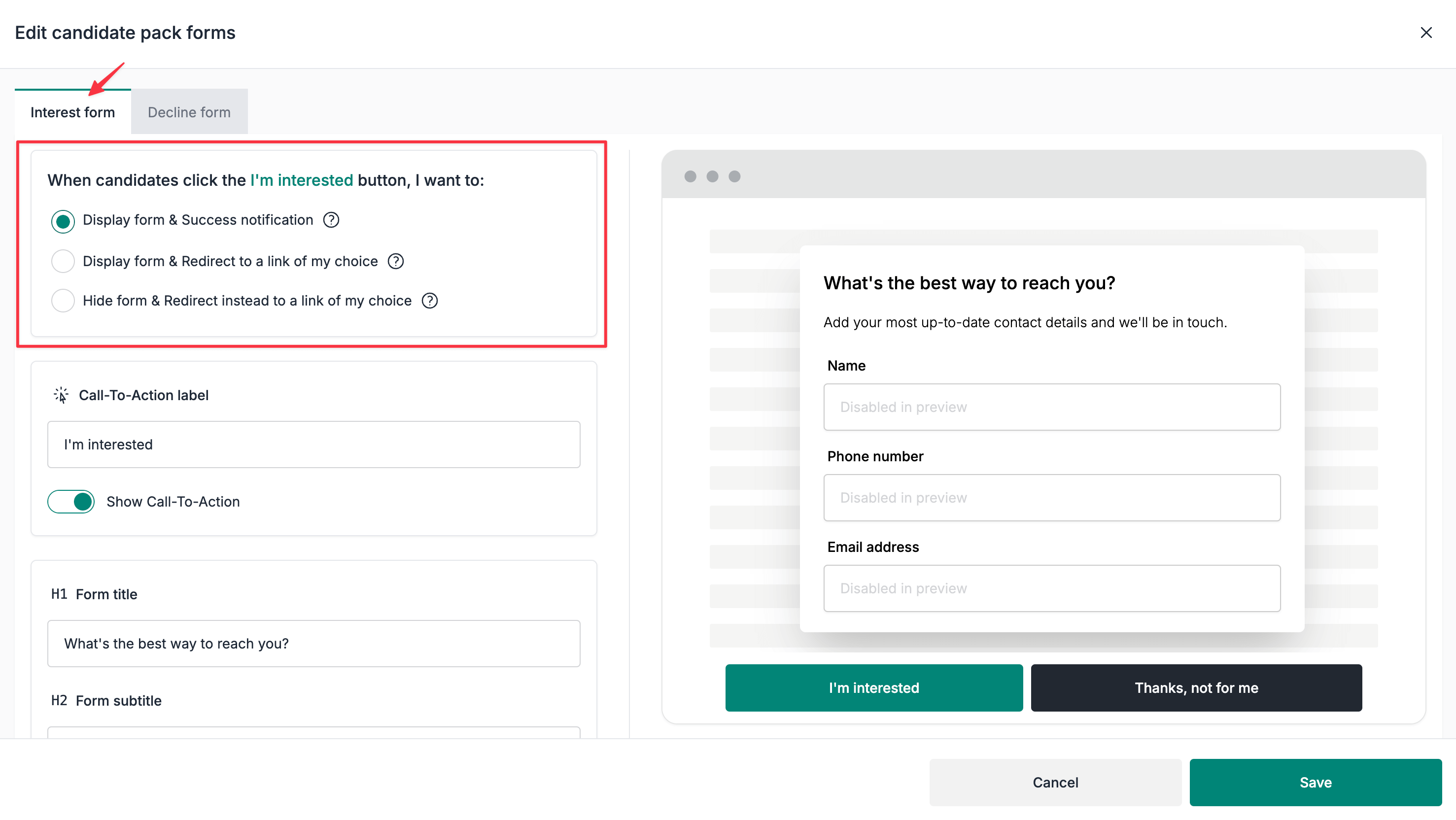 Forms Editor > Interest form Tab